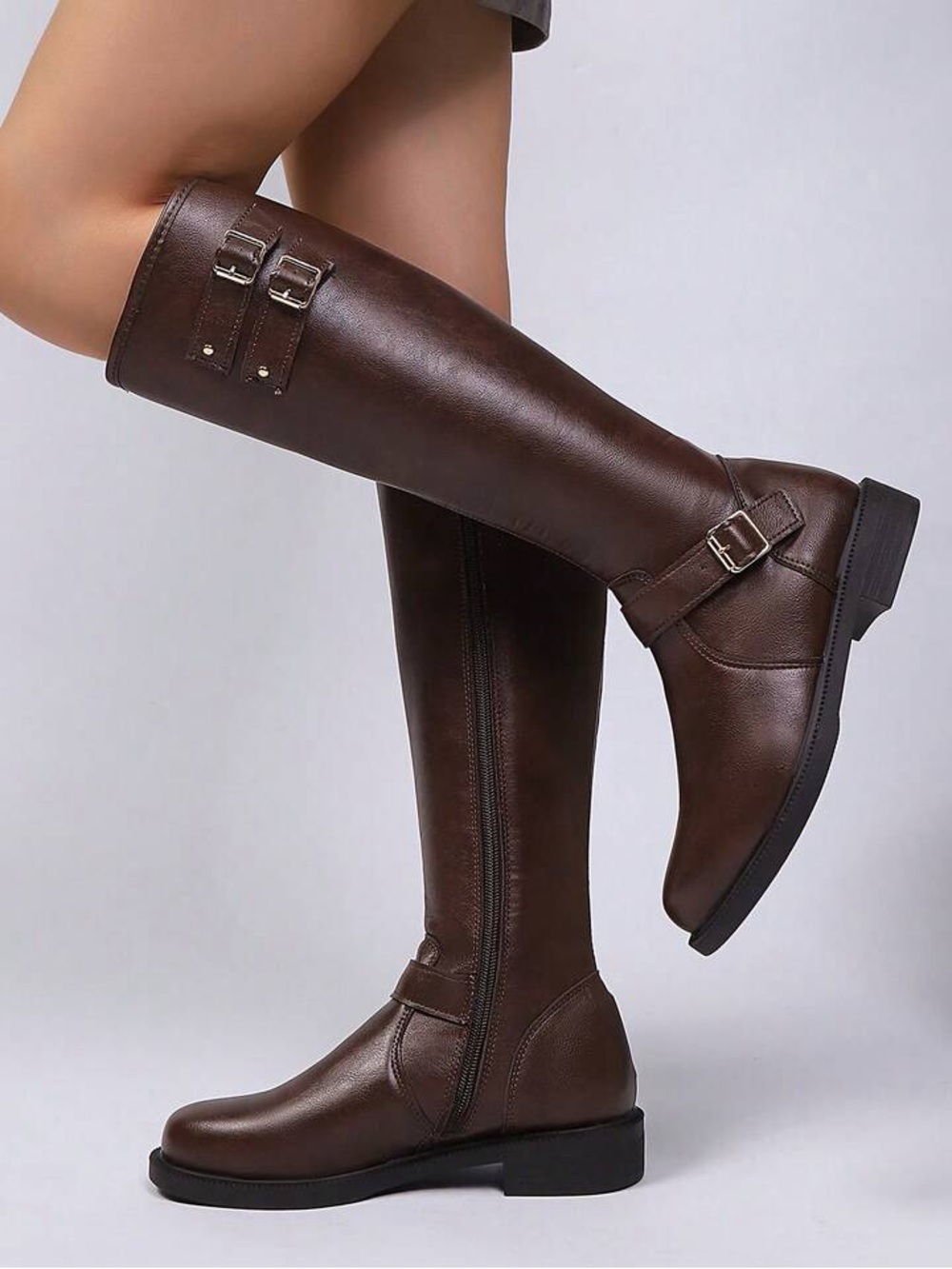 Classic Dark Brown Over-the-Knee Buckle Equestrian Boots